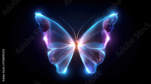Glowing, ethereal butterfly with translucent wings radiates vibrant blue and purple hues against dark background, creating mesmerizing and magical atmosphere