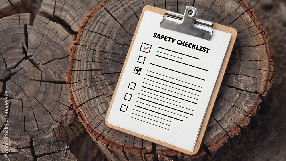 Naklejka premium A safety checklist on a clipboard with checked boxes rests on weathered tree stumps, indicating completed tasks and outdoor work.