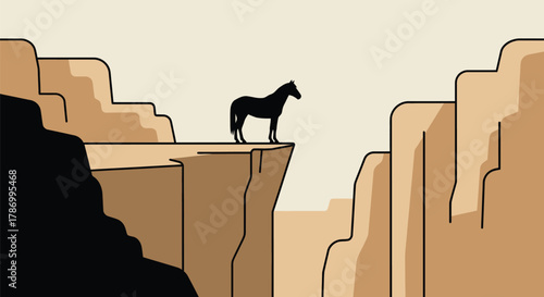 Horse silhouette standing on cliff edge landscape illustration