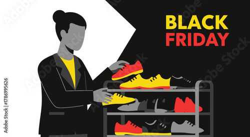 Black Friday Sale Woman Choosing Shoes from Rack. Flat Vector Illustrations. EPS Editable