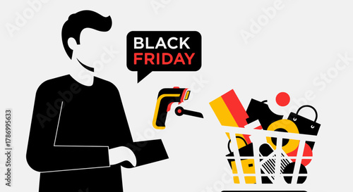 Black Friday Shopping Cart with Man and Scanner Illustration. Flat Vector Illustrations. EPS Editable
