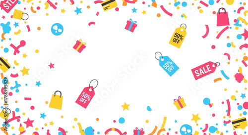 Colorful Sale and Shopping Icons Border with Confetti and Copy Space. Flat Vector Illustrations. EPS Editable