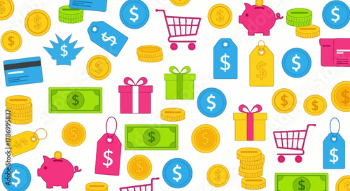 Colorful Shopping and Finance Icons Pattern on White Background. Flat Vector Illustrations. EPS Editable