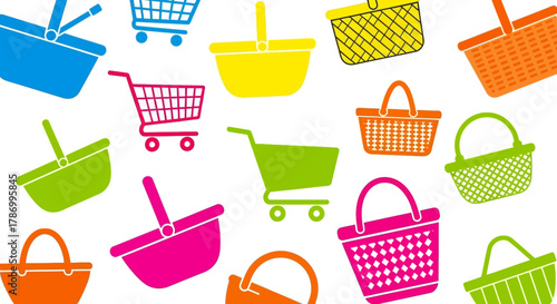Colorful Shopping Baskets and Carts Collection Illustration. Flat Vector Illustrations. EPS Editable
