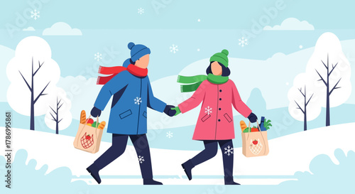 Couple Walking Hand in Hand Through Snowy Winter Landscape with Groceries. Flat Vector Illustrations. EPS Editable