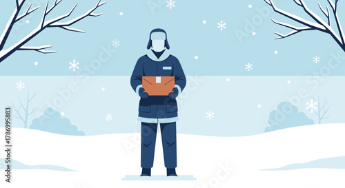 Delivery Person in Winter Snow Holding Package. Flat Vector Illustrations. EPS Editable