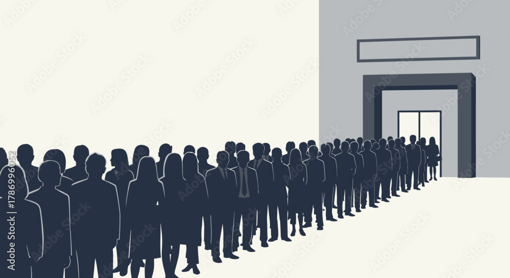 Naklejka premium Long Queue of Silhouetted People Waiting Outside a Building Entrance. Flat Vector Illustrations. EPS Editable