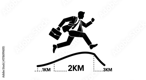 Dynamic businessman leaping over obstacles on a progress graph