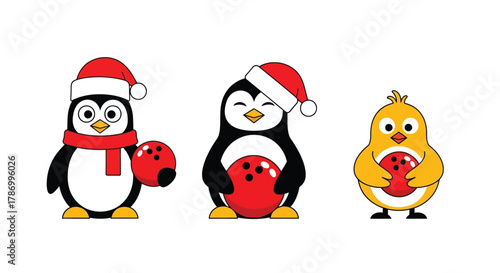 Cute penguins and chick with bowling balls in festive hats