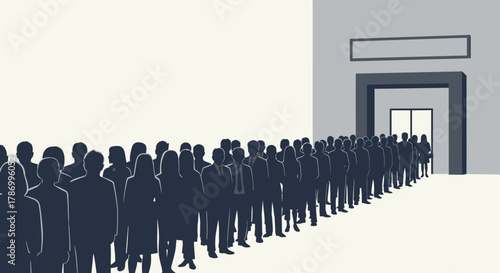 Long Queue of Silhouetted People Waiting Outside a Building Entrance. Flat Vector Illustrations. EPS Editable