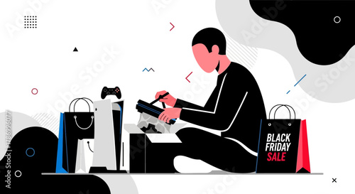 Man Unboxing Black Friday Purchases with Shopping Bags and New Console. Flat Vector Illustrations. EPS Editable