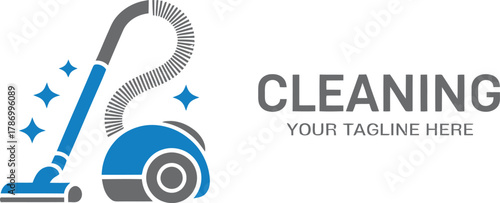 Modern blue and gray vacuum cleaner illustration with sparkling stars and text space