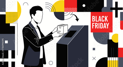 Man Using SelfCheckout Machine During Black Friday Sale with Abstract Geometric Background. Flat Vector Illustrations. EPS Editable