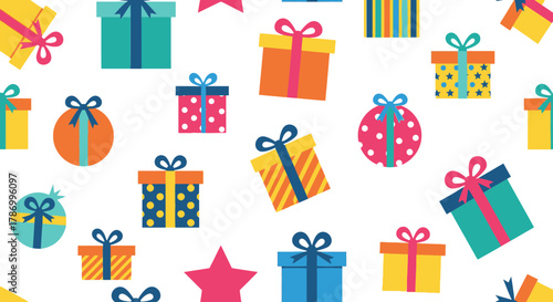 Seamless Pattern of Colorful Gift Boxes and Stars for Celebrations. Flat Vector Illustrations. EPS Editable