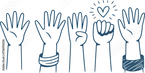 Diverse hands raised in unity and support with a heart symbol above