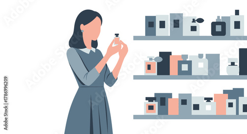 Woman Testing Perfume Bottles on Shelves in a Store. Flat Vector Illustrations. EPS Editable
