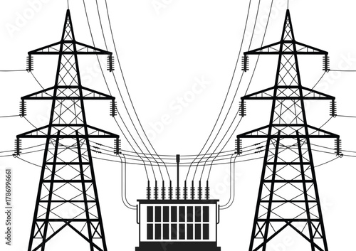 Electrical power transmission towers, high voltage pylons, energy distribution substation, electricity grid infrastructure, industrial utility lines, renewable energy concept