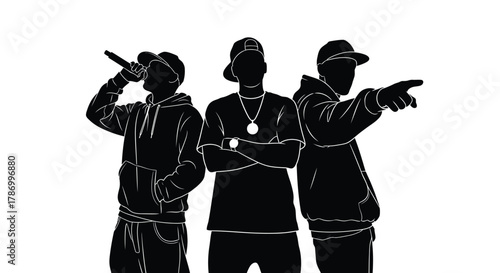 Dynamic trio of hip hop artists performing on stage with microphone