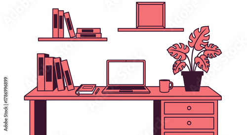 Modern desk setup with laptop, books, and plant for productive work