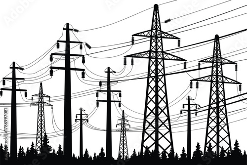 High voltage transmission towers silhouette, electricity power lines infrastructure, energy distribution network, industrial utility grid, electrical engineering landscape, renewable energy supply, 
