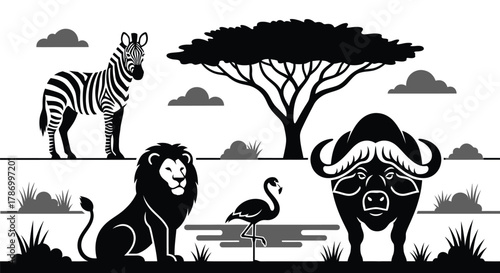 Explore majestic African wildlife with iconic animals in monochrome art