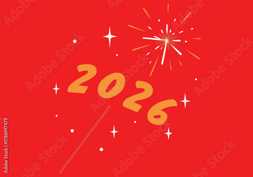 Celebrate the new year 2026 with sparklers and stars on a red background, a festive and bright illustration