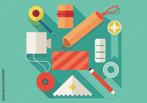 Flat lay illustration of various stationery items and office supplies on a teal background with long shadows