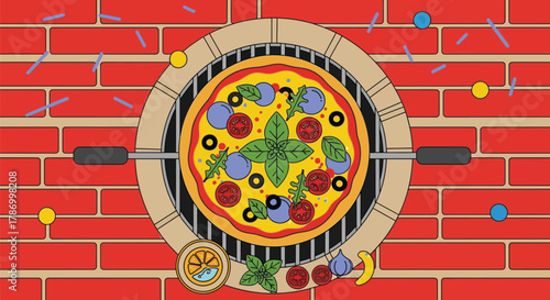 Delicious pizza with basil and mozzarella on a brick oven grill