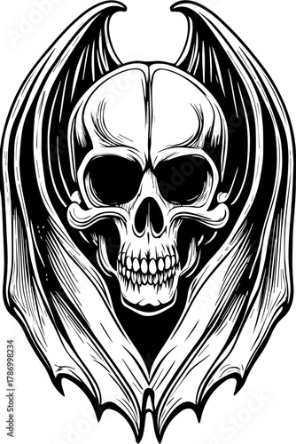 SVG skull horror dark toxic art design. Skull with Bat Wings in Vintage Monochrome Style Illustration