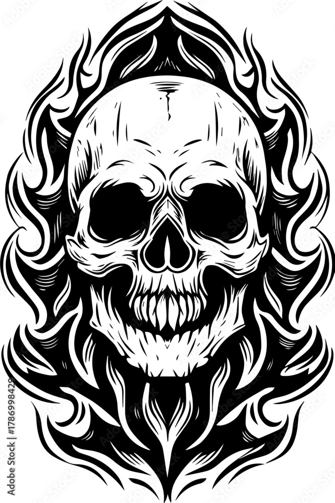 Fototapeta premium SVG skull horror dark toxic art design. Intricate Skull Design with Flames in Black and White Artwork