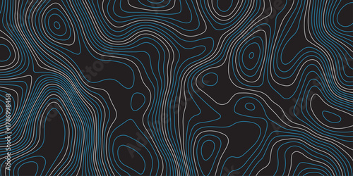 Abstract topographic map pattern with smooth contour lines in dark tones. Modern digital background design with wavy geographic curves, stylish elevation texture for creative projects.
