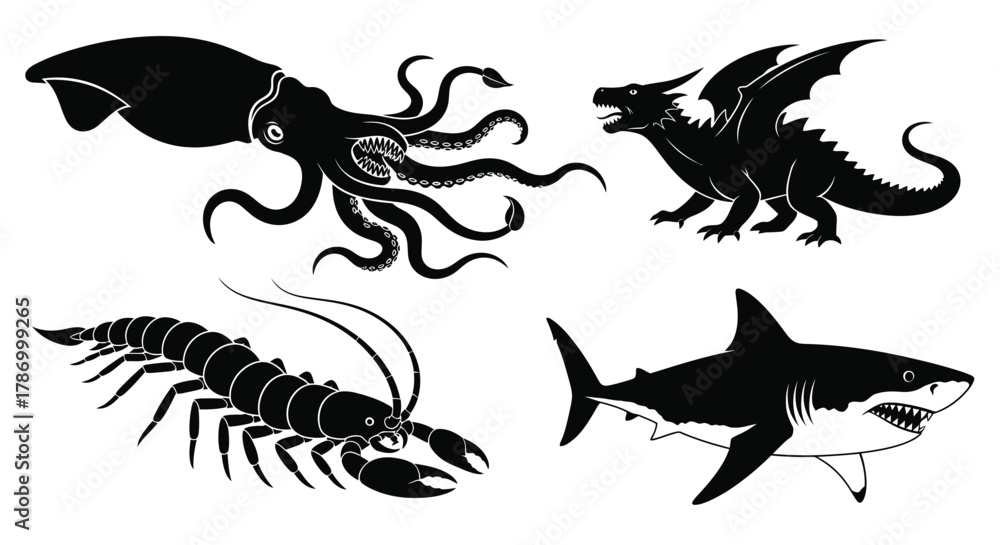 Obraz premium Black and white vector illustration of mythical sea creatures