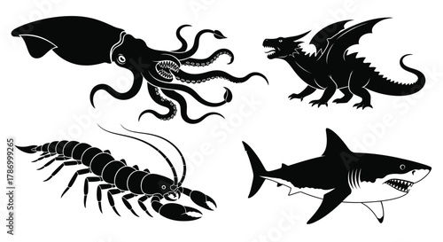 Black and white vector illustration of mythical sea creatures