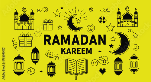 Ramadan kareem vector illustration with mosque moon and stars art