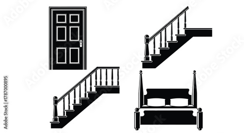 Door staircases and bed vector illustration interior design home