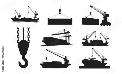 Container Ship and Crane Silhouettes Vector Set. Cargo Transport Icons for Port, Shipping, and Logistics Design.