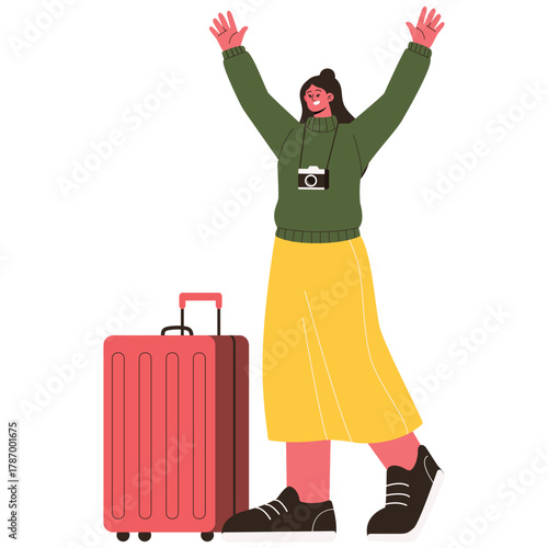 Travel Illustration. Vector illustration of Happy female traveler with suitcase and camera raising hands, excited to start new holiday trip. Isolated on background