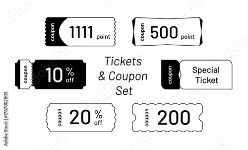 モノクロのミニマルなチケット＆クーポンセット白黒ベクターの割引券、ポイント券、特典チケット