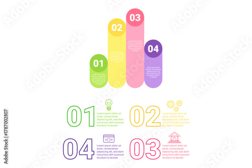 Infographic set illustrating various data trends using colorful bars and text. Key information outlined in clear and engaging way for easy understanding of statistics