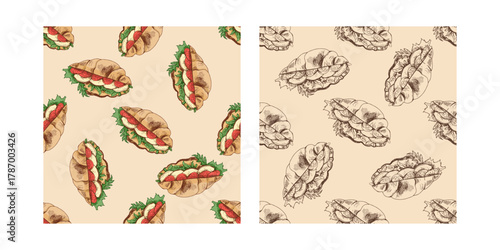 Hand drawn vintage seamless pattern of croissant sandwiches with vegetables and lettuce in color and monochrome version, isolated vector illustration