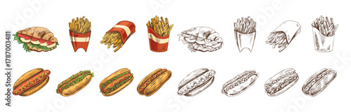 Hand drawn vintage fast food set with croissant sandwiches, french fries and hot dogs in color and monochrome version, isolated vector illustration