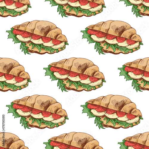 Hand drawn vintage seamless pattern of croissant sandwiches with tomato, cheese and lettuce, color and monochrome version, isolated vector illustration