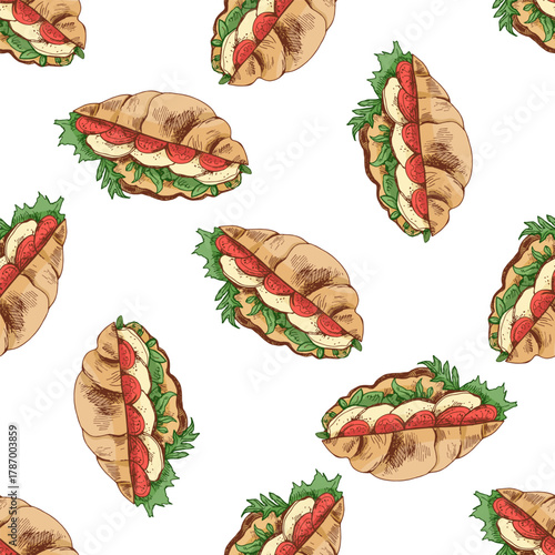 Hand drawn vintage seamless pattern of croissant sandwiches with tomato, cheese and lettuce, color and monochrome version, isolated vector illustration