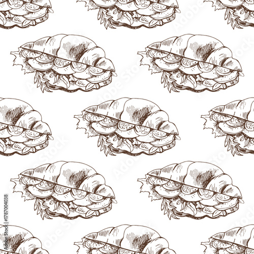 Hand drawn vintage seamless pattern of croissant sandwiches with tomato, cheese and lettuce in monochrome style, isolated vector illustration