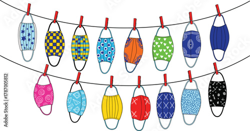Colorful patterned face masks hanging on clothesline vector illustration, reusable fabric protective masks design, health safety concept, hygiene, pandemic prevention, modern style