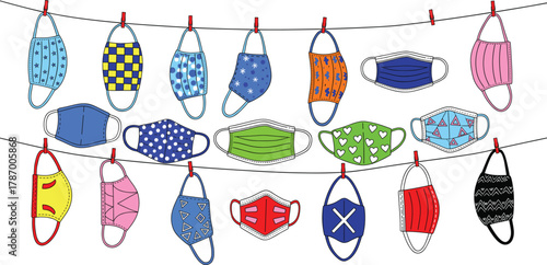Colorful fabric face masks hanging on clothesline vector illustration, reusable protective masks design, health safety concept, hygiene, pandemic prevention, handmade fashion accessory