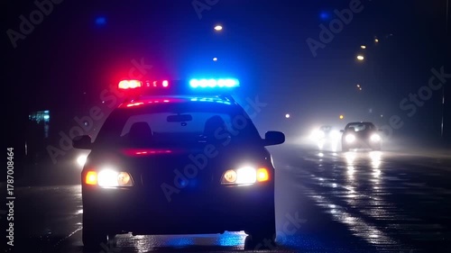 A police vehicle with flashing red and blue lights drives on a wet road at night with other cars