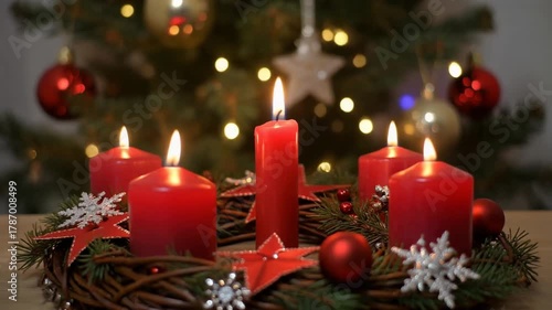 A festive arrangement of red candles and ornaments for Christmas.