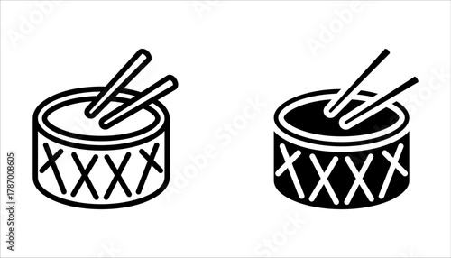 Set of drum icons. Drum sticks symbol, music. Hitting drum music icon on white background