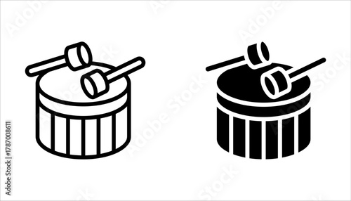 Set of drum icons. Drum sticks symbol, music. Hitting drum music icon on white background